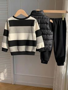 Baby Boy Cute Autumn/Winter Thermal Lined Versatile Vest, Striped Sweatshirt And Long Pants 3-Piece Set - Black - View 2