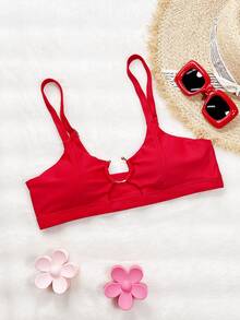 SHEIN Swim Sexy Solid Color Hollow Out Metal Decor Swimwear Top, Suitable For Beach Holiday For Summer Beach Vacation - Red - View 4