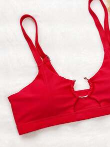 SHEIN Swim Sexy Solid Color Hollow Out Metal Decor Swimwear Top, Suitable For Beach Holiday For Summer Beach Vacation - Red - View 3