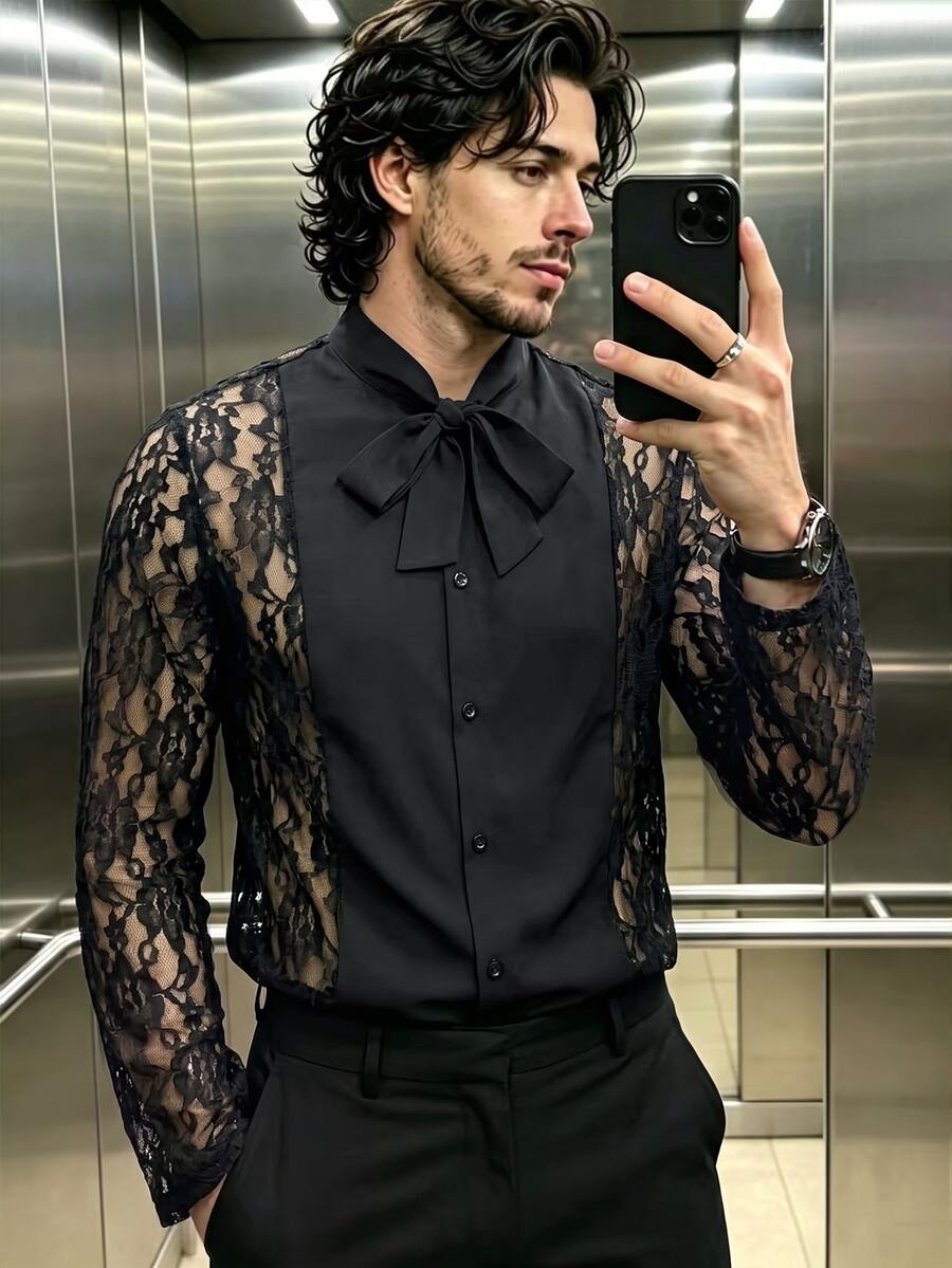 Manfinity Dauomo Men's Lace Sheer Bow Tie Collar Shirt - Black - View 1