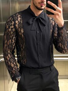 Manfinity Dauomo Men's Lace Sheer Bow Tie Collar Shirt - Black - View 7