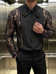Manfinity Dauomo Men's Lace Sheer Bow Tie Collar Shirt - Black - View 5