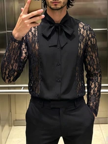 Manfinity Dauomo Men's Lace Sheer Bow Tie Collar Shirt - Black - View 4