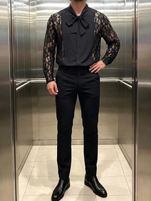 Manfinity Dauomo Men's Lace Sheer Bow Tie Collar Shirt - Black - View 8