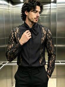 Manfinity Dauomo Men's Lace Sheer Bow Tie Collar Shirt - Black - View 1