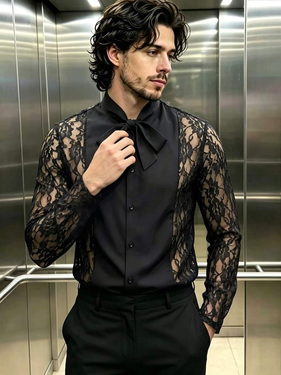 Manfinity Dauomo Men's Lace Sheer Bow Tie Collar Shirt - Black - View 1