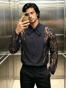 Manfinity Dauomo Men's Lace Sheer Bow Tie Collar Shirt - Black - View 6