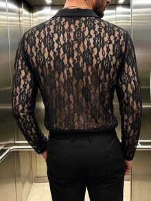 Manfinity Dauomo Men's Lace Sheer Bow Tie Collar Shirt - Black - View 2