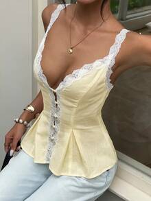 Aloruh Women's Elegant Casual Commute Top Lace Trim Patchwork Solid Color Sleeveless Blouse Summer - Light Yellow - View 5