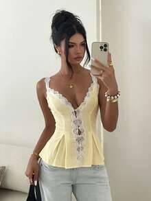 Aloruh Women's Elegant Casual Commute Top Lace Trim Patchwork Solid Color Sleeveless Blouse Summer - Light Yellow - View 7