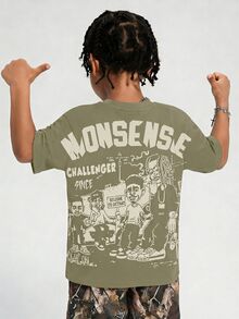 SHEIN Summer Kids Young Boy Casual Racing Letter Print Pattern Round Neck Pullover Loose Short Sleeved Knitted T-Shirt For School,Daily Leisure & Sports - Green - View 5