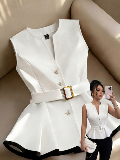 Franclia Camisa de mujer en patchwork blanco y negro, decorada con botones de perla, combinada con un cinturón de hebilla dorada para la cintura, elegante para ir al trabajo