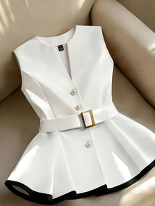 Franclia Women's Black & White Patchwork Shirt, Decorated With Pearl Buttons, Paired With Gold Buckle As Waist Belt, Elegant For Commuting - Black and White - View 3