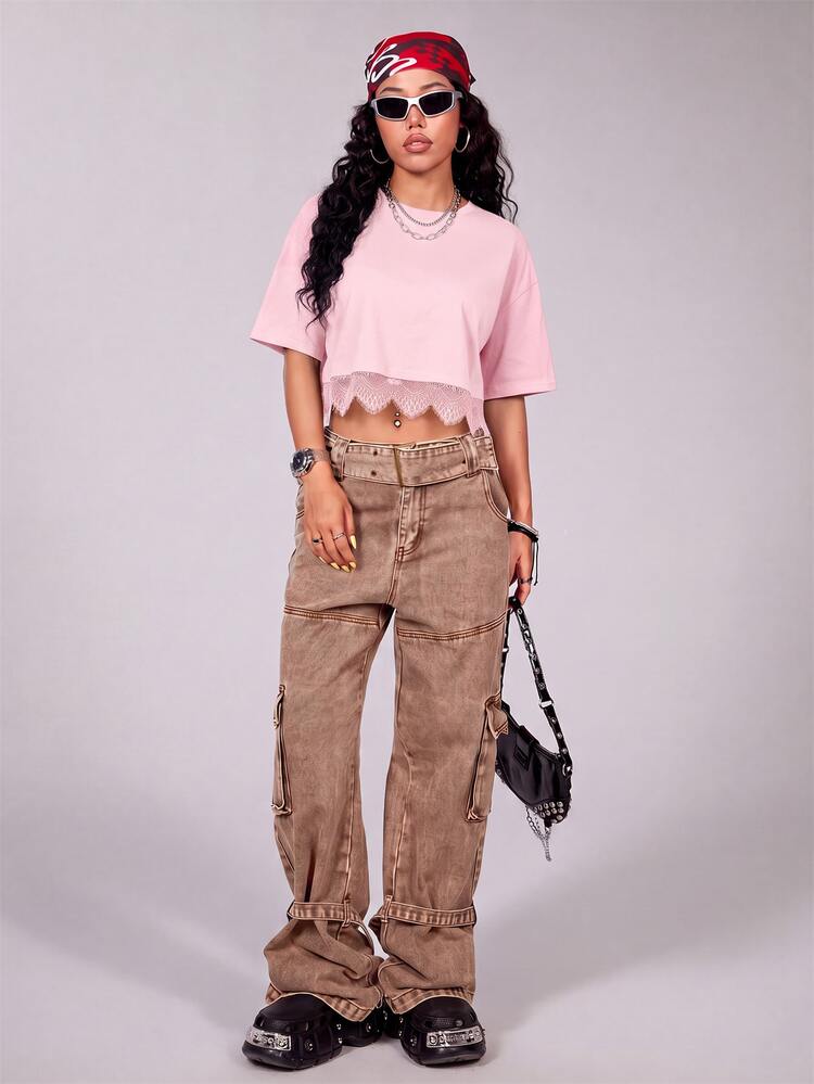 Comfortcana Women's All-Season Going Out Sexy Streetwear Y2k Chic Goth Punk Vintage Basic Preppy Washed Black Loose Short Crop Tops Black Tops Casual Blouses - Pink - View 6