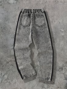 SHEIN Celana Jeans Longgar Lurus Bergaris Hitam dan Abu-abu untuk Anak Laki-laki Usia Remaja, Cocok untuk Halloween dan Sekolah (Warna Hitam) - Hitam - View 2