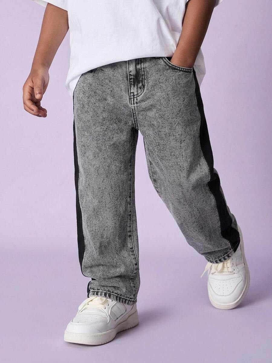 SHEIN Celana Jeans Longgar Lurus Bergaris Hitam dan Abu-abu untuk Anak Laki-laki Usia Remaja, Cocok untuk Halloween dan Sekolah (Warna Hitam) - Hitam - View 1