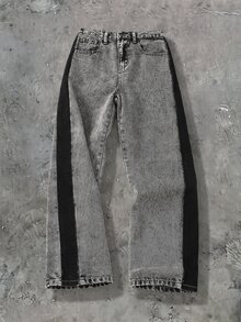 SHEIN Celana Jeans Longgar Lurus Bergaris Hitam dan Abu-abu untuk Anak Laki-laki Usia Remaja, Cocok untuk Halloween dan Sekolah (Warna Hitam) - Hitam - View 3