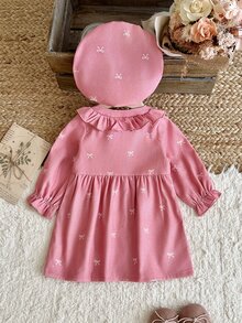 SHEIN Vintaside Kids 女嬰春秋燈芯絨長袖洋裝附配套帽子，灰粉色蝴蝶結印花，荷葉領，柔軟甜美家庭套裝熱帶可愛風 - 粉色 - 查看 3