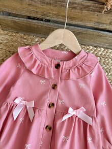 SHEIN Vintaside Kids 女嬰春秋燈芯絨長袖洋裝附配套帽子，灰粉色蝴蝶結印花，荷葉領，柔軟甜美家庭套裝熱帶可愛風 - 粉色 - 查看 4