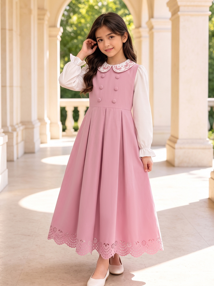 SHEIN Girls' Soft Pink Dress With Pure White Puff Long Sleeves, Fall, Back To School, Casual, Knit, Fitted, Floral, Vacation, Loose, Ruched - Pink - View 3