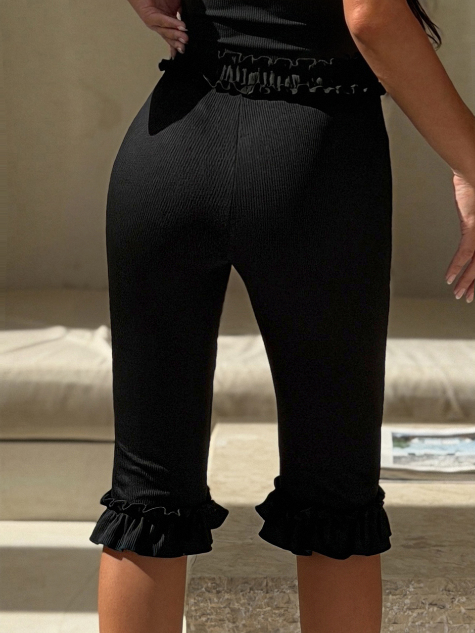 Frill Design Black Fitted Knee Length Shorts For Tween Girls Long Pants Summer