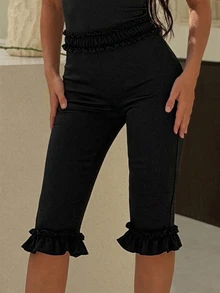 Hapijoa شورت أسود بتصميم كشكشة ضيق بطول الركبة للفتيات المراهقات بنطلون طويل صيفي - الأسود - مشاهدة 1