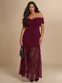 SHEIN BAE CURVE 大尺碼女款黑色露肩長洋裝，優雅禮服 - 酒紅色 - 查看 6