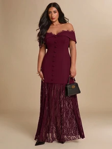 SHEIN BAE CURVE 大尺碼女款黑色露肩長洋裝，優雅禮服 - 酒紅色 - 查看 5