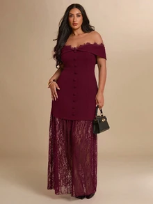SHEIN BAE CURVE 大尺碼女款黑色露肩長洋裝，優雅禮服 - 酒紅色 - 查看 2