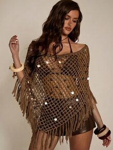 SHEIN BAE 性感鏤空時尚百搭顯瘦多穿法亮片流蘇披肩，海灘度假風 - 巧克力棕 - 查看 1