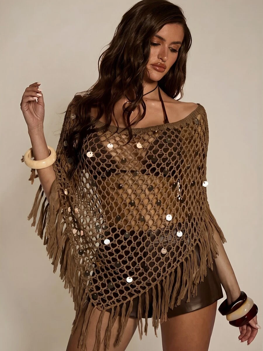 SHEIN BAE 性感鏤空時尚百搭顯瘦多穿法亮片流蘇披肩,海灘度假風 - 巧克力棕 - 查看 1