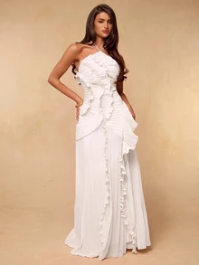 SHEIN BAE 春夏女款杏色掛脖百褶精緻開衩高開衩超長洋裝，婚禮賓客禮服，情人節洋裝，粉色洋裝 - 白色 - 查看 6