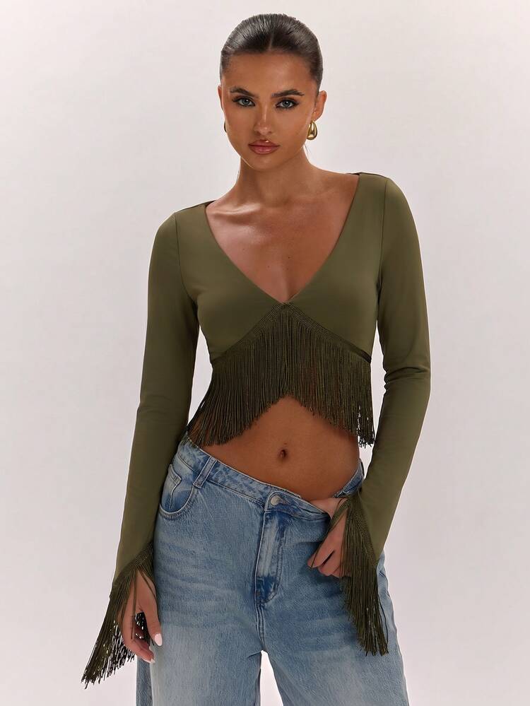 SHEIN BAE Deep V-Neck Fringe Hem Crop Top - Army Green - View 1