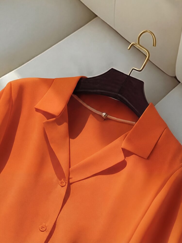 Franclia Casual Versatile Solid Color Collared Short Sleeve Shirt For Women, Summer - Orange - View 5