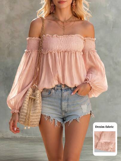 SHEIN Women's Spring/Summer New Minimalist Casual Sexy Elegant Off-Shoulder Lantern Sleeve Fitted Top, Versatile For Vacation And Beach