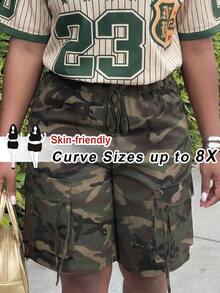SHEIN CURVE+ 大尺碼迷彩時尚街頭風抽繩腰工裝短褲，2026秋冬 22W - 軍綠色 - 查看 1