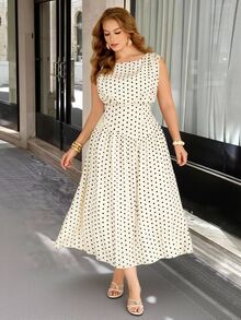 Vionelle Plus Size Women French Elegant 80s Vintage Polka Dot Sleeveless Round Neck High Waist A-Line Asymmetrical Hem Dress Vacation Dinner Summer - White - View 1
