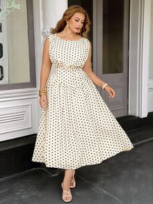 Vionelle Plus Size Women French Elegant 80s Vintage Polka Dot Sleeveless Round Neck High Waist A-Line Asymmetrical Hem Dress Vacation Dinner Summer - White - View 2