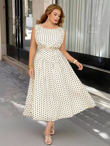 Vionelle Plus Size Women French Elegant 80s Vintage Polka Dot Sleeveless Round Neck High Waist A-Line Asymmetrical Hem Dress Vacation Dinner Summer - White - View 6