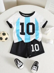 SHEIN 2件組嬰兒男/女童、幼兒春/夏時尚可愛運動球衣T恤套裝，嬰兒運動上衣，阿根廷國家隊運動上衣，適用於室內居家、戶外、日常、運動、玩耍、派對、攝影、度假、比賽 - 藍色 - 查看 1