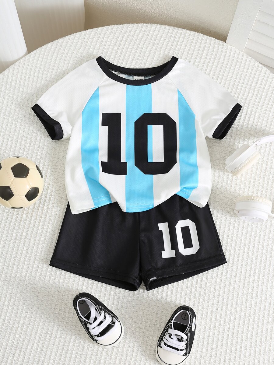 SHEIN 2件組嬰兒男/女童、幼兒春/夏時尚可愛運動球衣T恤套裝,嬰兒運動上衣,阿根廷國家隊運動上衣,適用於室內居家、戶外、日常、運動、玩耍、派對、攝影、度假、比賽 - 藍色 - 查看 1