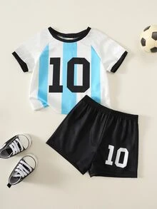 SHEIN 2件組嬰兒男/女童、幼兒春/夏時尚可愛運動球衣T恤套裝，嬰兒運動上衣，阿根廷國家隊運動上衣，適用於室內居家、戶外、日常、運動、玩耍、派對、攝影、度假、比賽 - 藍色 - 查看 3