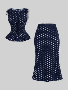 SHEIN MOD 女款波點印花肩結背心與魚尾裙優雅套裝 - 藏蓝色 - 查看 3