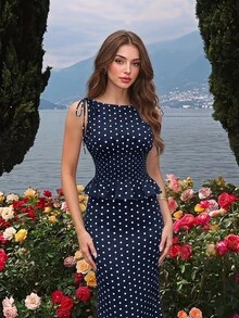 SHEIN MOD 女款波點印花肩結背心與魚尾裙優雅套裝 - 藏蓝色 - 查看 11