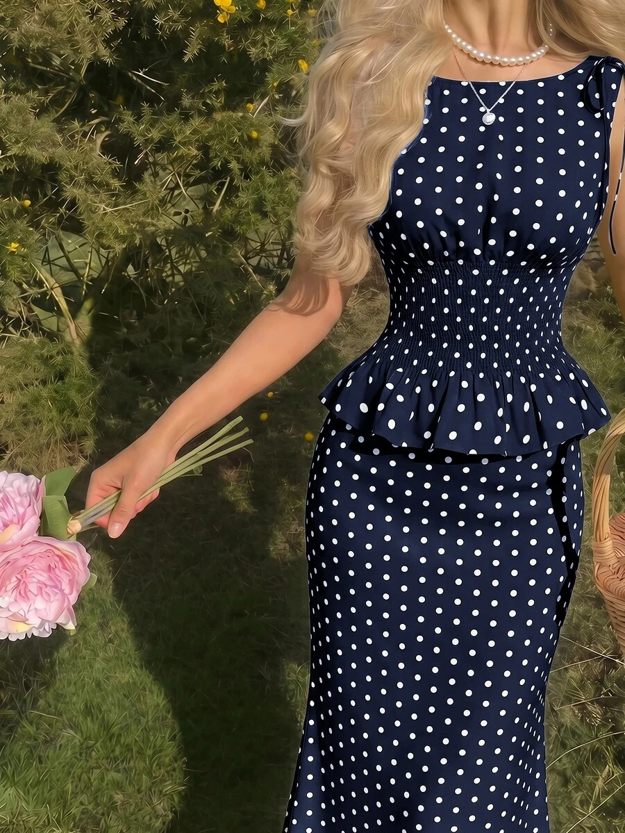 SHEIN MOD 女款波點印花肩結背心與魚尾裙優雅套裝 - 藏蓝色 - 查看 1