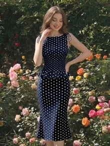 SHEIN MOD 女款波點印花肩結背心與魚尾裙優雅套裝 - 藏蓝色 - 查看 10