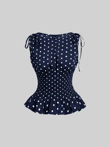 SHEIN MOD 女款波點印花肩結背心與魚尾裙優雅套裝 - 藏蓝色 - 查看 4
