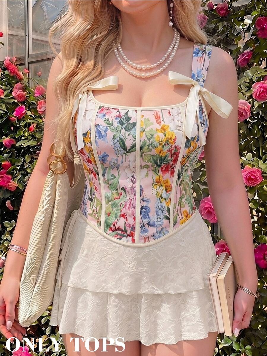 SHEIN MOD 大尺碼復古花卉胸衣背心上衣,適合女性,早秋、春夏,浪漫度假 - 彩色 - 查看 1