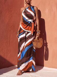 Zivah Conjunto a juego elegante para mujer con estampado de rayas multicolor: top de un hombro con lazo en la cintura & pantalones de pierna ancha (Otoño Resort/Ropa Casual) - Multicolor - Ver 11