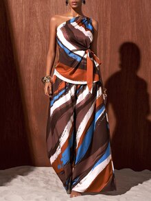 Zivah Conjunto a juego elegante para mujer con estampado de rayas multicolor: top de un hombro con lazo en la cintura & pantalones de pierna ancha (Otoño Resort/Ropa Casual) - Multicolor - Ver 7